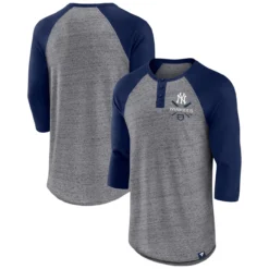 Men's New York Yankees Fanatics Branded Heathered Gray/Navy Iconic Above Heat Speckled Raglan Henley 3/4 Sleeve T-Shirt