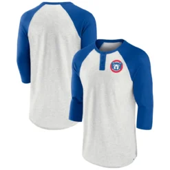 Men's Chicago Cubs Fanatics Branded Oatmeal/Royal True Classics Better Believe Raglan Henley 3/4-Sleeve T-Shirt
