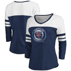 Women's Detroit Tigers Fanatics Branded Heathered Navy/White Women's Two-Toned Distressed Cooperstown Collection Tri-Blend 3/4-Sleeve V-Neck T-Shirt