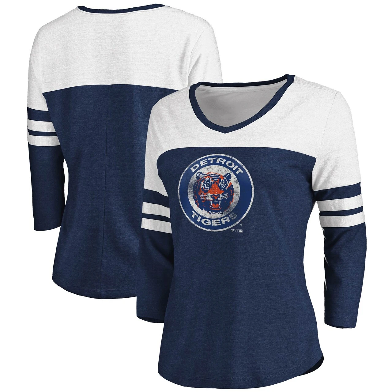 Women's Detroit Tigers Fanatics Branded Heathered Navy/White Women's Two-Toned Distressed Cooperstown Collection Tri-Blend 3/4-Sleeve V-Neck T-Shirt 1 Women's Detroit Tigers Fanatics Branded Heathered Navy/White Women's Two-Toned Distressed Cooperstown Collection Tri-Blend 3/4-Sleeve V-Neck T-Shirt