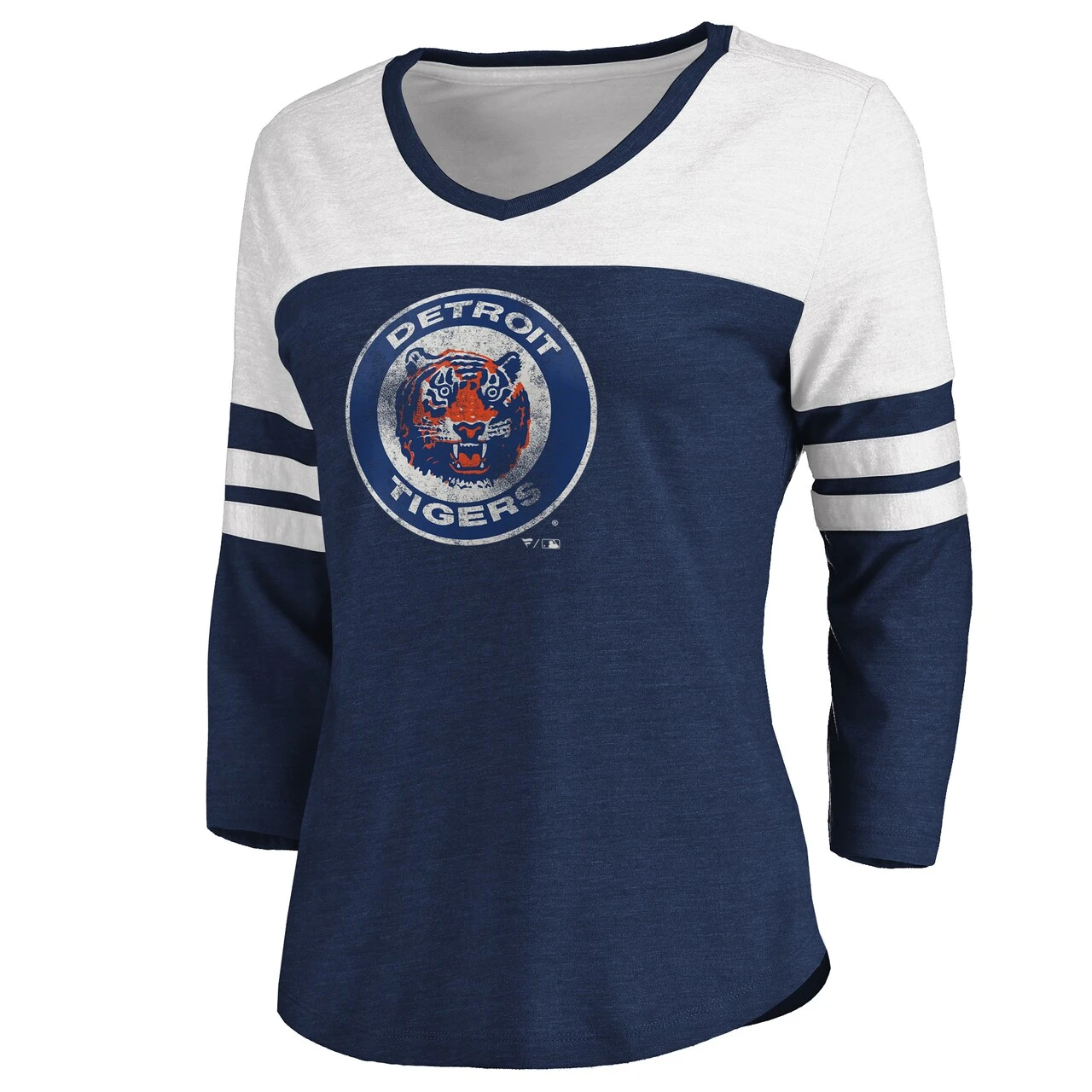 Women's Detroit Tigers Fanatics Branded Heathered Navy/White Women's Two-Toned Distressed Cooperstown Collection Tri-Blend 3/4-Sleeve V-Neck T-Shirt 2 Women's Detroit Tigers Fanatics Branded Heathered Navy/White Women's Two-Toned Distressed Cooperstown Collection Tri-Blend 3/4-Sleeve V-Neck T-Shirt - Image 2