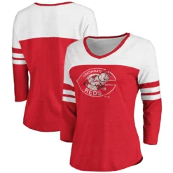 Women's Cincinnati Reds Fanatics Branded Heathered Red/White Women's Two-Toned Distressed Cooperstown Collection Tri-Blend 3/4-Sleeve V-Neck T-Shirt