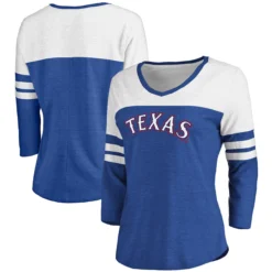 Women's Texas Rangers Fanatics Branded Heathered Royal/White Official Wordmark 3/4 Sleeve V-Neck T-Shirt