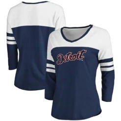 Women's Detroit Tigers Fanatics Branded Heathered Navy/White Official Wordmark 3/4 Sleeve V-Neck Tri-Blend T-Shirt