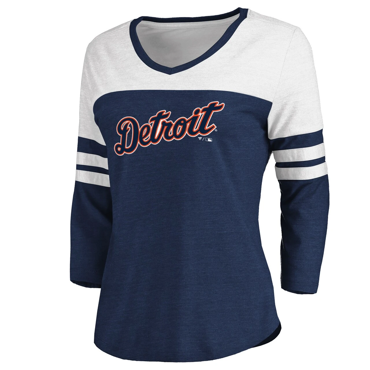 Women's Detroit Tigers Fanatics Branded Heathered Navy/White Official Wordmark 3/4 Sleeve V-Neck Tri-Blend T-Shirt 2 Women's Detroit Tigers Fanatics Branded Heathered Navy/White Official Wordmark 3/4 Sleeve V-Neck Tri-Blend T-Shirt - Image 2