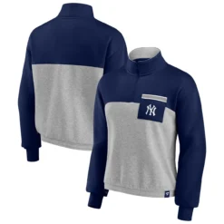 Women's New York Yankees Fanatics Branded Navy/Heather Gray Iconic Cinch Waist Quarter-Zip Top