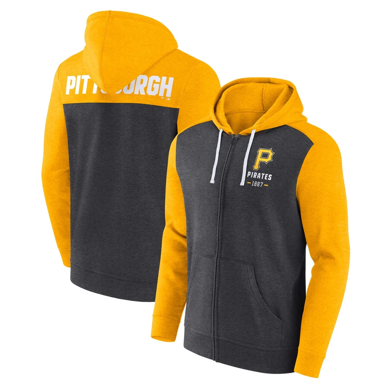 Men's Pittsburgh Pirates Fanatics Branded Heathered Charcoal/Heathered Gold Blown Away Full-Zip Hoodie 1 Men's Pittsburgh Pirates Fanatics Branded Heathered Charcoal/Heathered Gold Blown Away Full-Zip Hoodie
