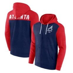 Men's Atlanta Braves Fanatics Branded Heathered Navy/Heathered Red Blown Away Full-Zip Hoodie