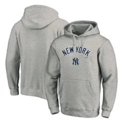 Men's New York Yankees Fanatics Branded Heather Gray Team Logo Lockup Fitted Pullover Hoodie