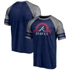 Men's Atlanta Braves Fanatics Branded Heather Navy Utility Two-Stripe Raglan Tri-Blend T-Shirt
