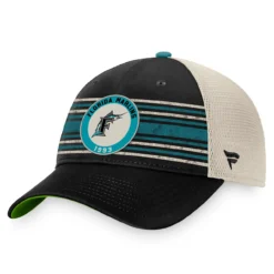 Men's Florida Marlins Fanatics Branded Black/Natural Cooperstown Collection True Classic Retro Striped Trucker Snapback Hat