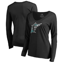 Women's Florida Marlins Fanatics Branded Black Cooperstown Collection Forbes Long Sleeve V-Neck T-Shirt