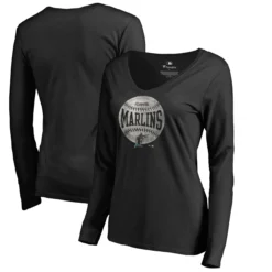 Women's Florida Marlins Fanatics Branded Black Cooperstown Collection Slider Long Sleeve V-Neck T-Shirt
