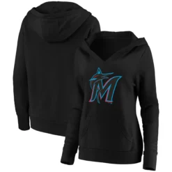 Women's Miami Marlins Fanatics Branded Black Official Logo Crossover V-Neck Pullover Hoodie