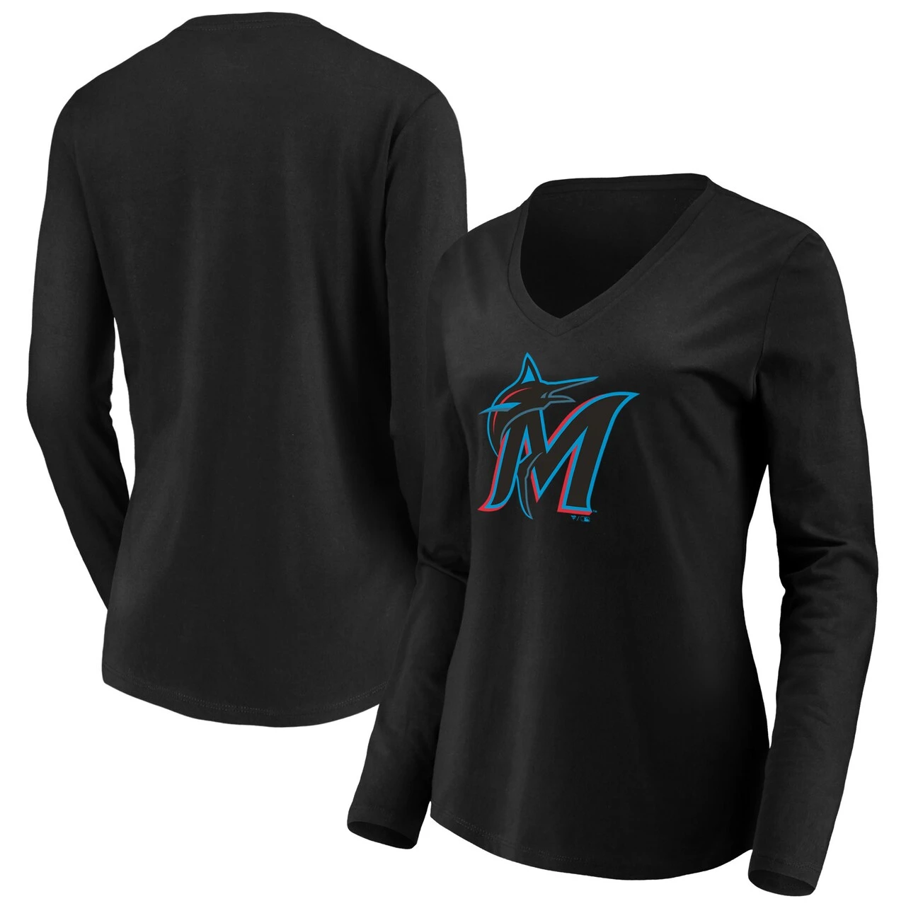 Women's Miami Marlins Fanatics Branded Black Official Logo Long Sleeve V-Neck T-Shirt 1 Women's Miami Marlins Fanatics Branded Black Official Logo Long Sleeve V-Neck T-Shirt