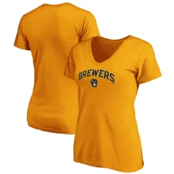Women's Milwaukee Brewers Fanatics Branded Gold Team Logo Lockup V-Neck T-Shirt