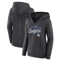 Women's Los Angeles Dodgers Fanatics Branded Heather Charcoal Simplicity Crossover V-Neck Pullover Hoodie