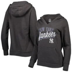 Women's New York Yankees Fanatics Branded Heather Charcoal Simplicity Crossover V-Neck Pullover Hoodie