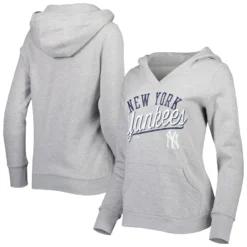 Women's New York Yankees Fanatics Branded Heather Gray Simplicity Crossover V-Neck Pullover Hoodie
