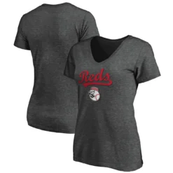 Women's Cincinnati Reds Fanatics Branded Heathered Charcoal Team Logo Lockup V-Neck T-Shirt