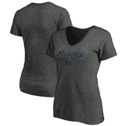Women's Miami Marlins Fanatics Branded Heathered Charcoal Team Logo Lockup V-Neck T-Shirt