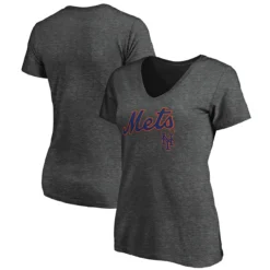 Women's New York Mets Fanatics Branded Heathered Charcoal Team Logo Lockup V-Neck T-Shirt