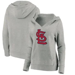 Women's St. Louis Cardinals Fanatics Branded Heathered Gray Official Logo Crossover V-Neck Pullover Hoodie