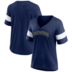 Women's Milwaukee Brewers Fanatics Branded Heathered Navy Wordmark V-Neck Tri-Blend T-Shirt