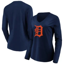 Women's Detroit Tigers Fanatics Branded Navy Official Logo Long Sleeve V-Neck T-Shirt