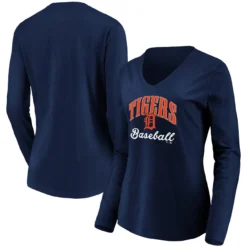 Women's Detroit Tigers Fanatics Branded Navy Victory Script V-Neck Long Sleeve T-Shirt