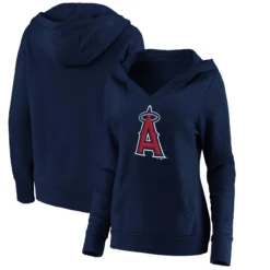 Women's Los Angeles Angels Fanatics Branded Navy Official Logo Crossover V-Neck Pullover Hoodie