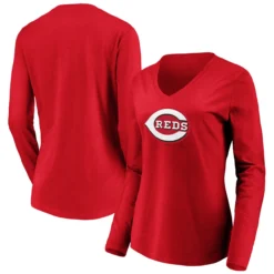 Women's Cincinnati Reds Fanatics Branded Red Official Logo Long Sleeve V-Neck T-Shirt
