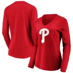 Women's Philadelphia Phillies Fanatics Branded Red Official Logo Long Sleeve V-Neck T-Shirt