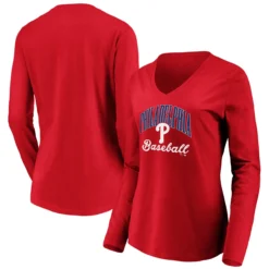Women's Philadelphia Phillies Fanatics Branded Red Victory Script V-Neck Long Sleeve T-Shirt