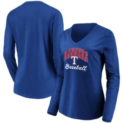 Women's Texas Rangers Fanatics Branded Royal Victory Script V-Neck Long Sleeve T-Shirt